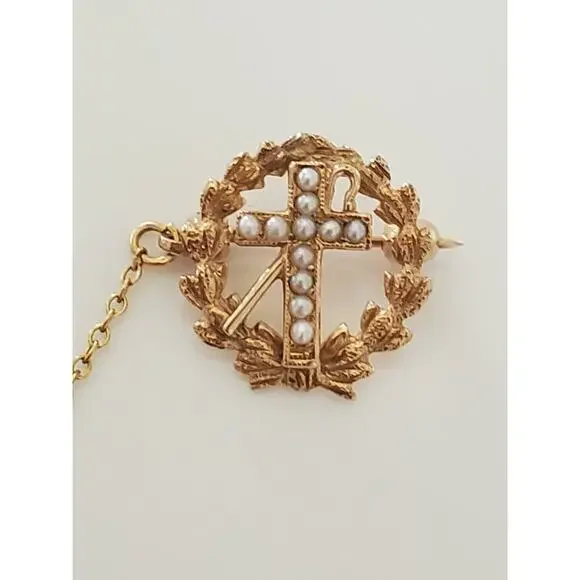 14K Gold Vintage Masonic Tie Tack Free Mason Cross Cane Gavel Brooch with Pearl